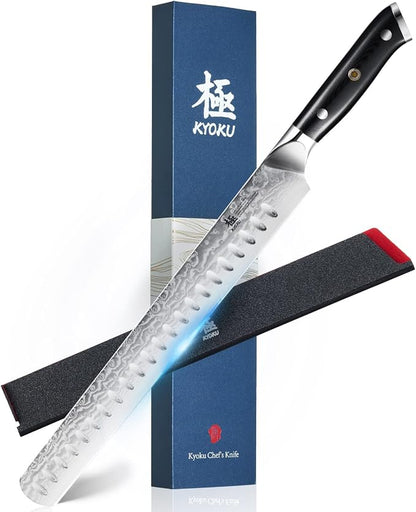 Kyoku 12" Brisket Knife for Meat Carving, UPGRADED Damascus Slicing Knife with Silver PVD Coating for Professional &Home Chefs,Sharp Japanese VG10 Steel Butcher Meat Cutting Knives,BBQ Breaking Slicer