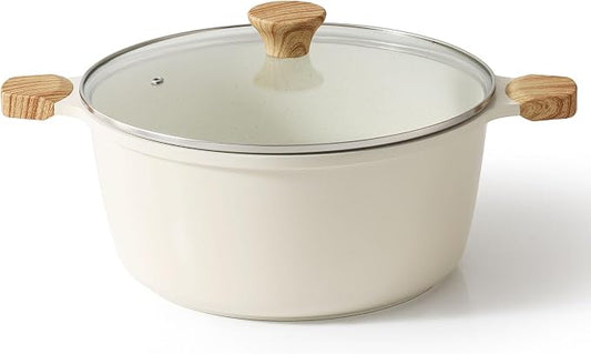 SENSARTE Ceramic Nonstick Stock Pot with Lid, 7 Quart Induction Cooking Pot with Tempered Glass Lid, Stew Pot for Soup and Oatmeal, Pasta Casserole, PFOA PFAS PTFE Free, Creamy White