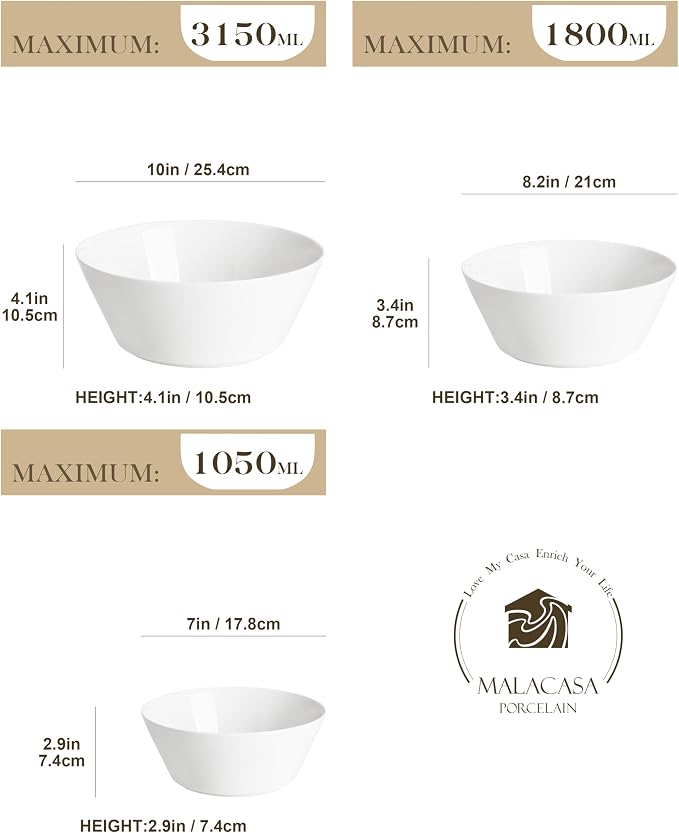MALACASA Serving Bowls, Ceramic Mixing Bowls for Kitchen, 105/60/35 OZ White Bowls Set of 3, Microwave and Dishwasher Safe, Series Regular