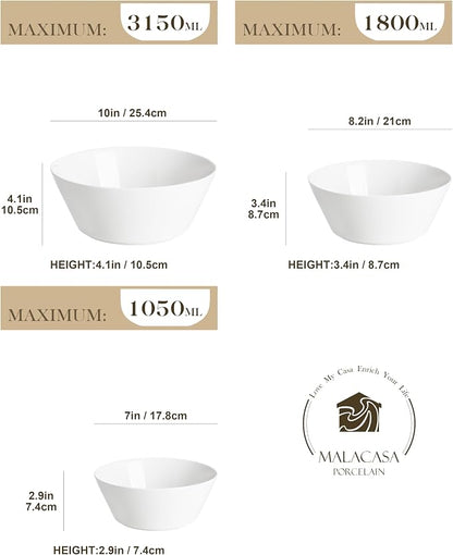 MALACASA Serving Bowls, Ceramic Mixing Bowls for Kitchen, 105/60/35 OZ White Bowls Set of 3, Microwave and Dishwasher Safe, Series Regular