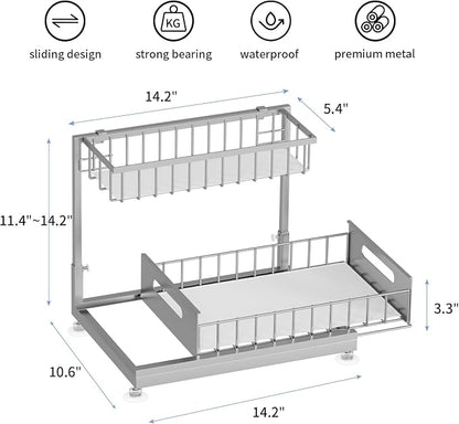 Saydear Under Sink Organizer Storage 2-Tier Premium Metal Pull-Out Kitchen Cabinet Organizer with Sliding Drawer, Height Adjustable, Heavy Duty for Kitchen & Bathroom Organizers 1 Pack Grey