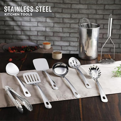 Avador® Premium Set of 10 Stainless Steel Kitchen Tool Set with Holder Easy To Clean, Space Saving, Great for Cooking, Baking, Prepping