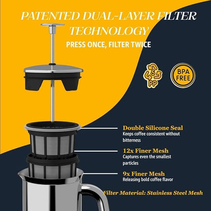 ESPRO Pro P7 French Press Stainless Steel 304 – Patented Double Micro-Filter for Grit-Free Coffee, Double Wall Insulated Coffee Maker, Plastic-Free & Heat Resistant - 18oz