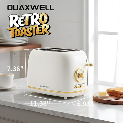 2-Slice Toaster, Wide Slots, 7 Bread Shade Settings, Stainless Steel, Bagel, Cancel, and Defrost Functions, Removable Crumb Tray, Retro Style Toaster,Matte White and Gold