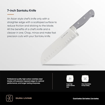 DURA LIVING 7-Inch Santoku Knife - Razor-Sharp High-Carbon Stainless Steel Blade, Forged Ergonomic Riveted Handle, Chef Knife for Chopping, Slicing & Dicing, Multipurpose Kitchen Knife, Home Chef