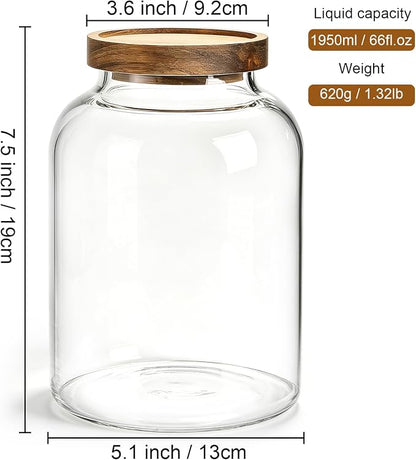 Bekith 2 Pack Large Glass Food Storage Jar with Airtight Wooden Lid, 66 FL OZ(1950ml) Glass Food Canister for Kitchen and Pantry Organization, Storage Containers for Coffee, Rice, Sugar, Flour