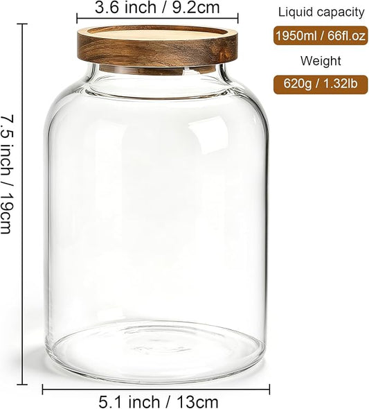 Bekith 2 Pack Large Glass Food Storage Jar with Airtight Wooden Lid, 66 FL OZ(1950ml) Glass Food Canister for Kitchen and Pantry Organization, Storage Containers for Coffee, Rice, Sugar, Flour