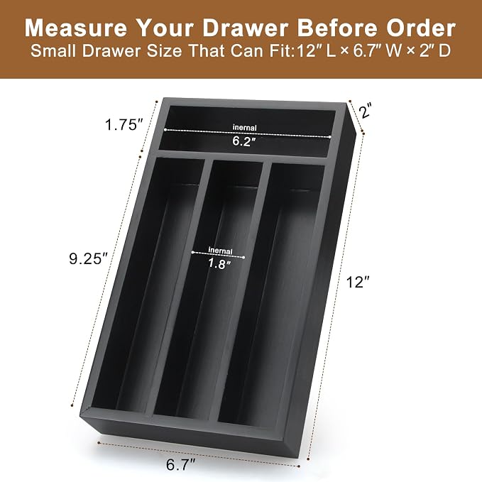 Small Silverware Organizer Narrow Wooden Cutlery Tray 12"x6.7" Spoon Kitchen Utensil Holder for Drawer Divider Bamboo Cutlery Drawer Organizers Storage Black Wood Silverware Tray Flatware Organizer