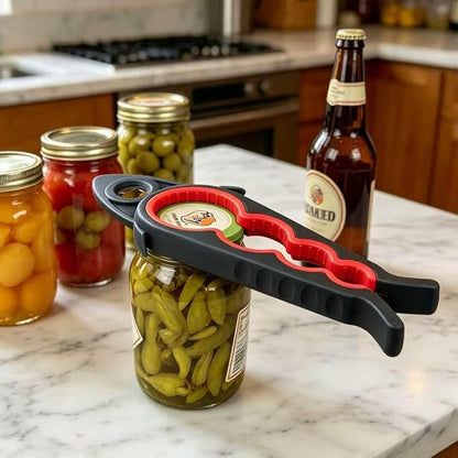 Jar Opener Bottle Opener for Arthritis, 5-in-1 Multifunctional Jar Opener, Easy to Use for Seniors and Weak Hands, Shark Shape Kitchen Gadget for jar, Beer and Bottle (Black and Red)