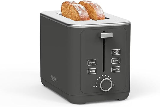 Martha Stewart 2 Slice Toaster, 10 Shade Settings with Defrost, Cancel, Bagel & Gluten-Free, Extra-Wide Self-Centering Slots for Waffles & Artisan Bread, Removable Crumb Tray, Cord Wrap, Caviar Gray