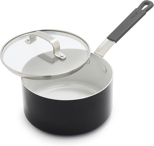 GreenPan x Bobby Flay 2.5QT Nonstick Saucepan with Glass Lid, PFAS-Free Diamond Ceramic, Induction Suitable, Stay-Cool Silicone Handle, Easy Clean Dishwasher & Oven Safe, Chef Pan, Graphite
