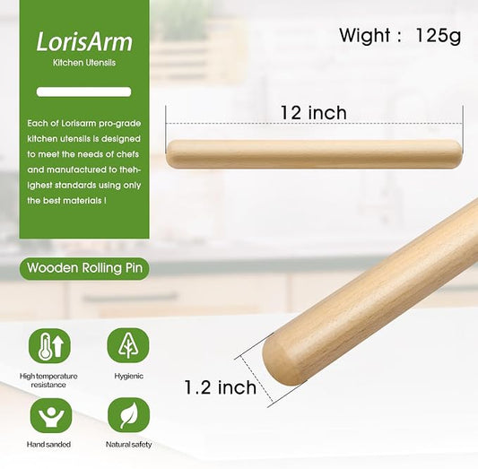 LorisArm 11.5-inch Wooden Rolling Pin for Baking, French Wood Rolling Pin Wood Kitchen Dough Roller for Fondant, Pizza, Pie, Cookie and Pastry