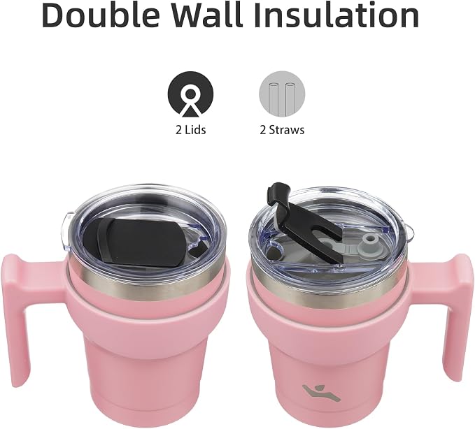 Konokyo 10 oz Tumbler with Handle and 2 Straw 2 Lid, Insulated Water Bottle Stainless Steel Vacuum Cup Reusable Travel Mug, Light Pink