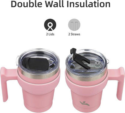 Konokyo 10 oz Tumbler with Handle and 2 Straw 2 Lid, Insulated Water Bottle Stainless Steel Vacuum Cup Reusable Travel Mug, Light Pink