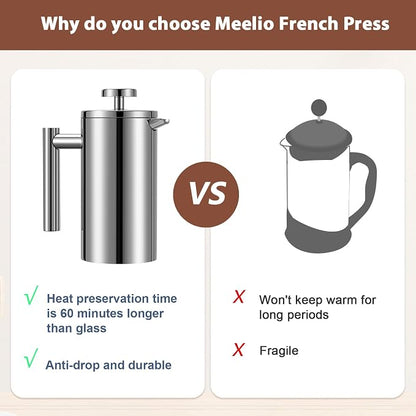 Small French Press 350ml Coffee Maker, Double-Wall Insulated French Press Coffee Press Stainless Steel, Included 2 Extra Fliters and 1 Coffee Spoon (1 cup, 12 OZ)