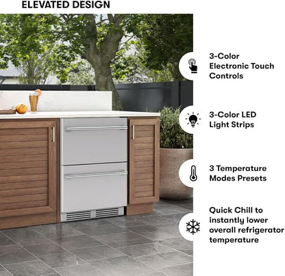 Zephyr Presrv 24 Inch Outdoor Dual Zone Refrigerator Drawers Wine & Beverage Fridge, Stainless Steel Wine Cooler Home Bar Under Counter Freestanding Built in, Energy Star Certified, 5.1 Cu. Ft
