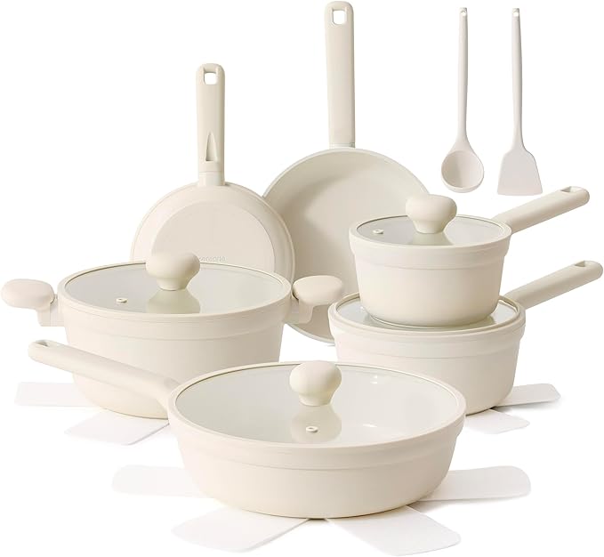SENSARTE Ceramic Nonstick Pots and Pans Set 17pcs, Healthy Induction Cookware Set, Nontoxic Kitchen Cooking Set with Skillets & Saucepans, Stay-cool Handles, PFAS PTFE PFOA PFOS Free, Cream White