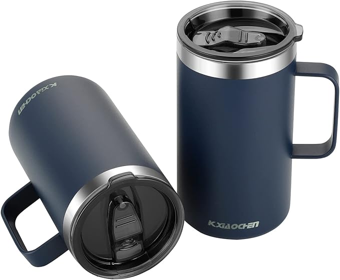 KXIAOCHEN 20oz Insulated Coffee Mug with Lid, Stainless Steel Coffee Cup, Double Wall Vacuum Coffee Tumbler with Handle, Premium Thermal Travel Coffee Mug (Navy Blue Black 2Pack)