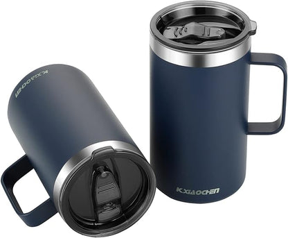 KXIAOCHEN 20oz Insulated Coffee Mug with Lid, Stainless Steel Coffee Cup, Double Wall Vacuum Coffee Tumbler with Handle, Premium Thermal Travel Coffee Mug (Navy Blue Black 2Pack)