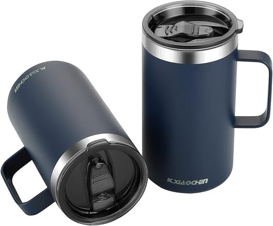 KXIAOCHEN 20oz Insulated Coffee Mug with Lid, Stainless Steel Coffee Cup, Double Wall Vacuum Coffee Tumbler with Handle, Premium Thermal Travel Coffee Mug (Navy Blue Black 2Pack)