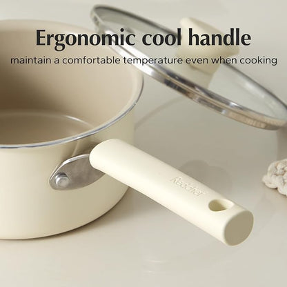 Redchef Ceramic Nonstick Saucepan with Lid, 2.5QT Small Cooking Pot, Non Toxic Sauce Pans for Kitchen, Cool Handle PFAS Free Compatible with All Cooktops, White