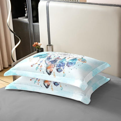 Castle Fairy 100% Nature Cotton Girly Dream Catcher Duvet Cover Set Watercolor Feather Retro Style Comforter Cover Set Twin Size with 1 Pillowcase Marble Texture Tie Dye Bedding Set(Not Comforter)