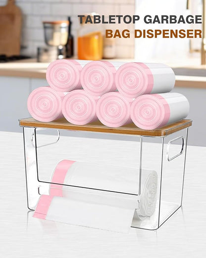 Trash Bag Holder, Acrylic Garbage Bag Dispenser with Bamboo Top, Extra Large Trash Bags Dispenser Under Sink for Kitchen, Pantry, Laundry Room, Cabinet Organizer and Storage (1 PACK)