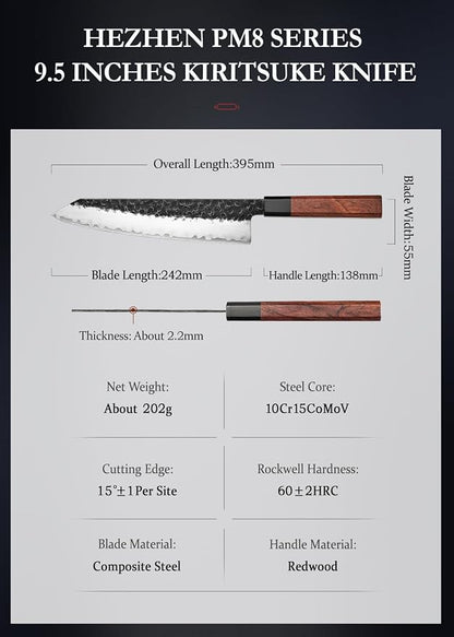 HEZHEN Kiritsuke Knife,9.5 Inches,3 Layers High Carbon Clad Steel Japanese Knife, Professionl Professional Japanese Kitchen Knife, Redwood Octagonal Handle