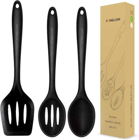 Silicone Nonstick Utensils, Set of 3, Black, Silicone Cooking Utensils Set, Turner/Spatula and Spoons - Heat Resistant, Nonstick Cookware, Dishwasher Safe