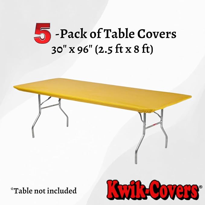 Kwik-Covers 8' Rectangle Plastic Table Covers 30" x 96", Bundle of 5 (Yellow/Gold)
