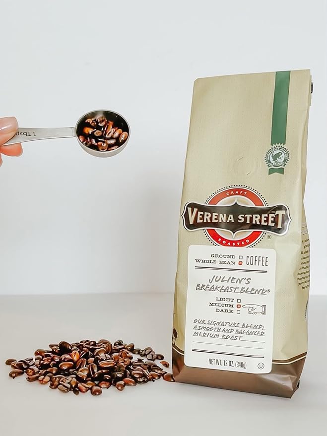 Verena Street 12 Ounce Whole Bean Coffee, Medium Roast, Julien's Breakfast Blend, Rainforest Alliance Certified Arabica Coffee