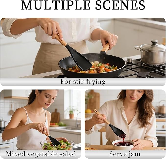 2 Pack Silicone Spoonula for Nonstick Cookware, BPA Free Food Grade Kitchen Utensils with Wooden Handle, Heat Resistant Cooking Spoon for Mixing, Scraping, Stirring & Serving, Non Scratch Kitchen Tool