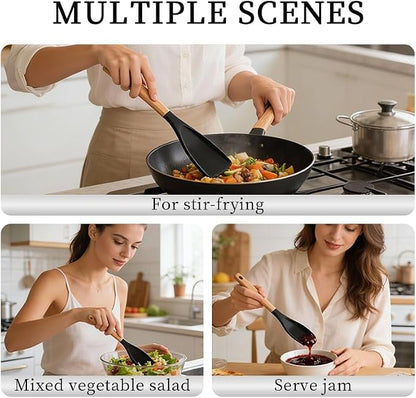 2 Pack Silicone Spoonula for Nonstick Cookware, BPA Free Food Grade Kitchen Utensils with Wooden Handle, Heat Resistant Cooking Spoon for Mixing, Scraping, Stirring & Serving, Non Scratch Kitchen Tool