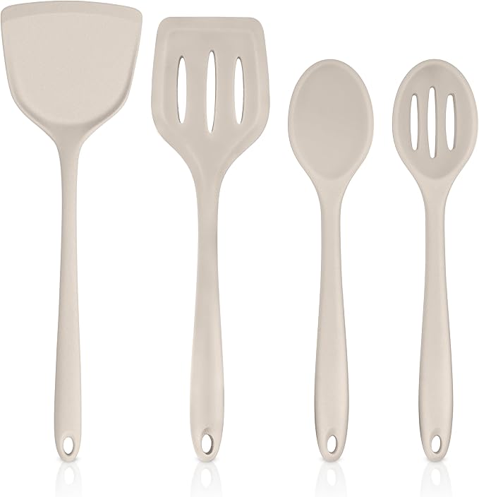 TeamFar Cooking Utensils Set of 4, Silicone Kitchen Utensils, Solid & Slotted Spoons Turners for Cooking/Serving/Frying, Healthy & Seamless Design, Heat-Resistant & Non-Scratch, Dishwasher Safe, Khaki