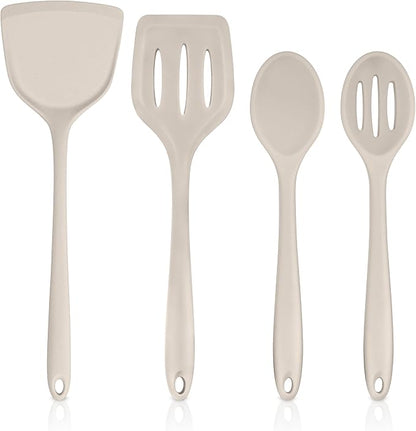 TeamFar Cooking Utensils Set of 4, Silicone Kitchen Utensils, Solid & Slotted Spoons Turners for Cooking/Serving/Frying, Healthy & Seamless Design, Heat-Resistant & Non-Scratch, Dishwasher Safe, Khaki