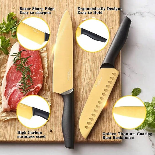 Marco Almond® Gold Knife Set With Block KYA23, 14 Pieces Stainless Steel Chef Cutlery Knives Set for Kitchen with Acrylic Stand