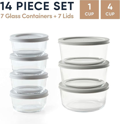 14-Piece Glass Food Storage Containers Set (7 Containers + 7 BPA-Free Lids) | 1-Cup & 4-Cup, Leakproof | Microwave, Freezer, Oven & Dishwasher Safe | Ideal for Meal Prep & Pantry Organization, Grey