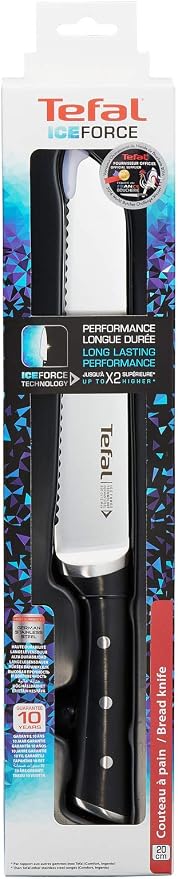 Tefal Ice Force Stainless Steel Bread Knife - 20cm - Serrated Edge, Long Lasting Performance - K2320414, Silver/Black
