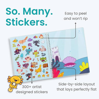 Axolotl 300+ Kids Sticker Book by Cupkin Toddler Airplane Travel Coloring and Sticker Book, Road Trip Essentials, 8 Coloring Pages 8 Side by Side Scenes for Ages 2–8 Years