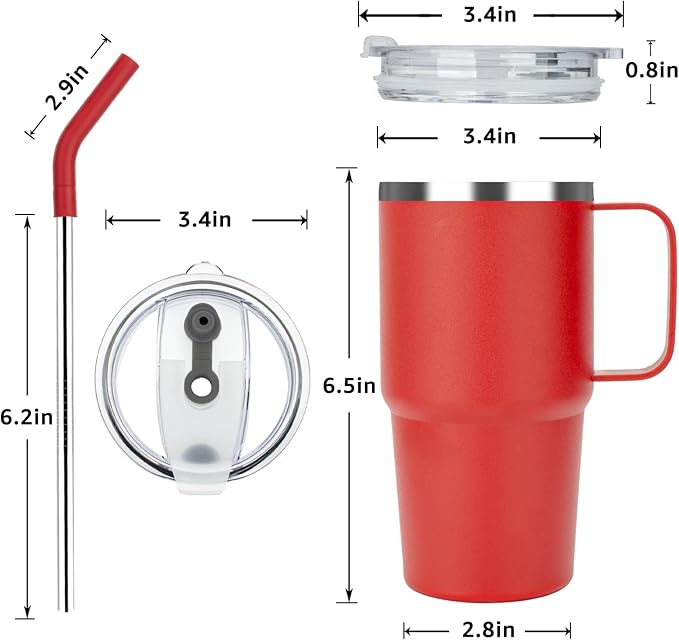 Sursip Insulated Coffee Mug with Handle and Lid, 24 oz Double Wall Vacuum Travel Thermal Coffee Tumbler with Straw for Home, Office Stainless Steel Coffee Cup - Leak proof, BPA Free(Red-1 Pack)