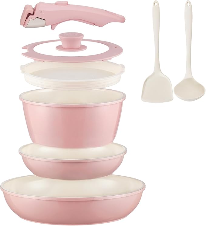 Ceramic Cookware Set Non Stick 8Pcs Pots and Pans Set Removable Handle Induction Kitchen Cookware Set with Frying Pans Oven Safe, Light Pink