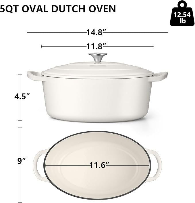 TeamFar Oval Dutch Oven, 5qt Enameled Cast Iron Dutch Oven Pot with Lid, For Bread Baking/Stewing/Braising/Frying, Suitable for Various Stoves, Non-stick & Easy Clean, White