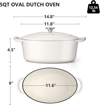 TeamFar Oval Dutch Oven, 5qt Enameled Cast Iron Dutch Oven Pot with Lid, For Bread Baking/Stewing/Braising/Frying, Suitable for Various Stoves, Non-stick & Easy Clean, White