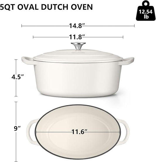 TeamFar Oval Dutch Oven, 5qt Enameled Cast Iron Dutch Oven Pot with Lid, For Bread Baking/Stewing/Braising/Frying, Suitable for Various Stoves, Non-stick & Easy Clean, White