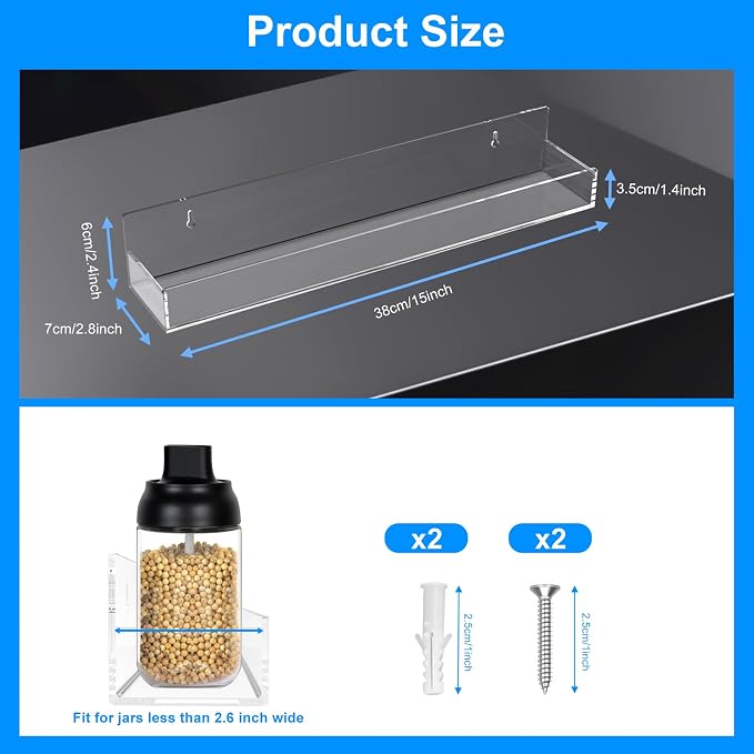 Clear Acrylic Spice Rack, Wall Mounted, 15 inch, 4 PCS | Floating Shelf, Removable End Guards, For Kitchen Cabinet Door Cupboard Bathroom, Holds Jars Nail Polish Books Toiletries