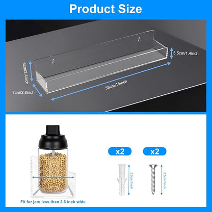 Clear Acrylic Spice Rack Wall Mounted 15 inch Floating Shelf with Removable End Guards for Kitchen Cabinet Door Cupboard Bathroom Holds Jars Nail Polish Books Toiletries 6 pcs