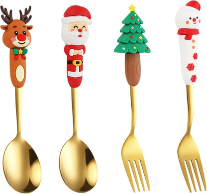 Christmas Themed 4-Piece Utensil Set (2 Spoons, 2 Forks) - Elegant Stainless Steel with Festive Patterned Handles - Perfect Holiday Gift for Family & Friends