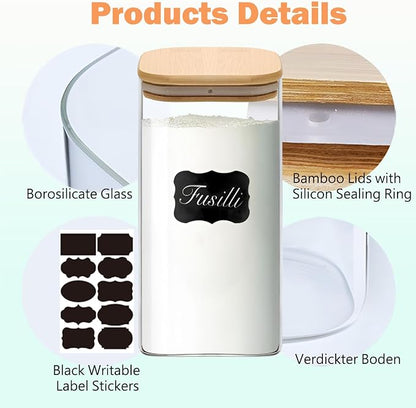 VIEWELLD Food Storage Containers with Airtight Bamboo Lids Set of 5, Glass Canisters with Airtight Lids, Glass Food Storage Containers for Pasta, Oats, Coffee, Flour, Sugar, Best for Kitchen, Square