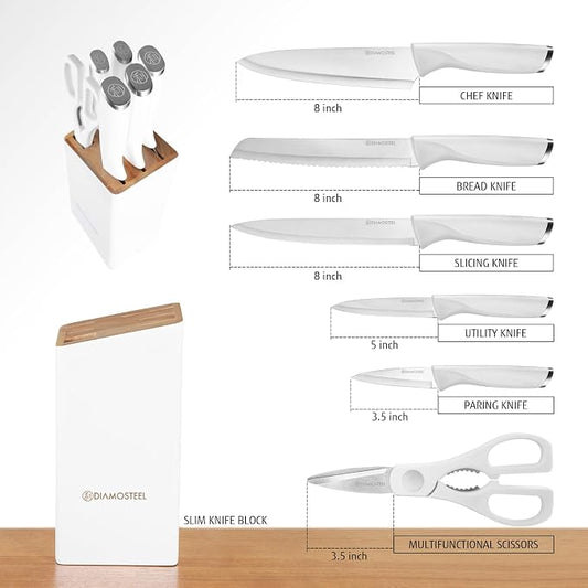 White Knife Set with Block, 7 Pieces Small Knife Block Set with Stainless Steel Blade Ergonomic Handle, Kitchen Knives Set Gifts for Chef