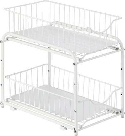 MOOACE 2-Tier Stackable Under Sink Storage Sliding Basket Organizer Drawer for Kitchen, Bathroom, Pantry, Cabinet, White